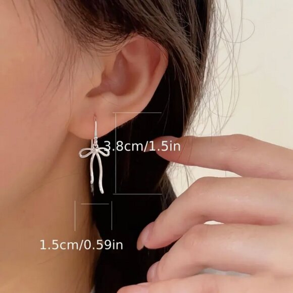 Delicate Silver Bow Dangle Stud Earrings - Picture 5 of 6